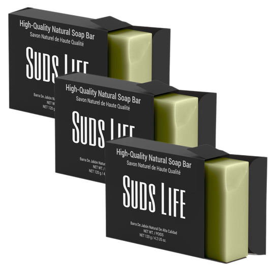 Suds life natural soap in a black box with a white background. 